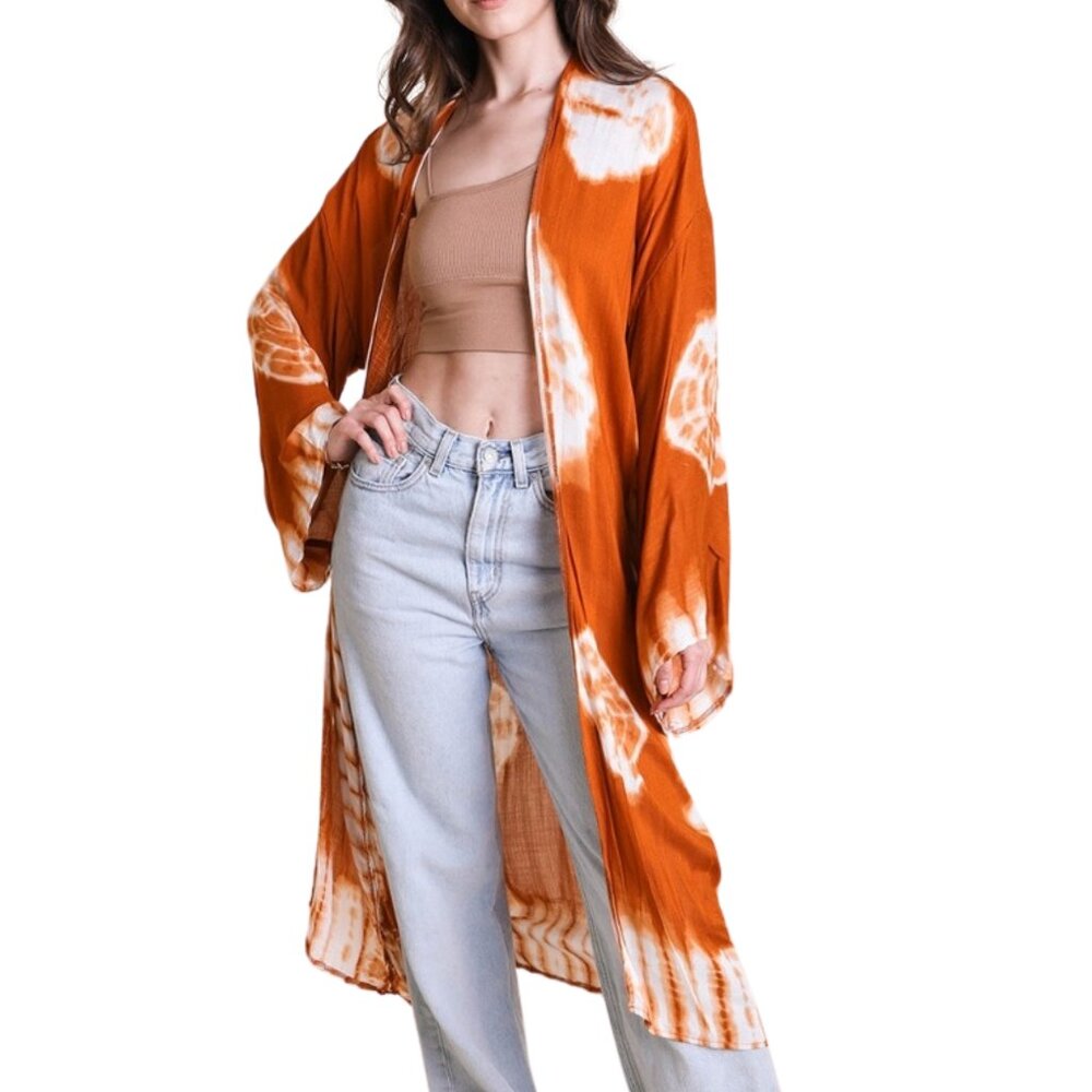 Rust Tie Dye Kimono Long Length Sleeve One Size Boho Duster Cardigan